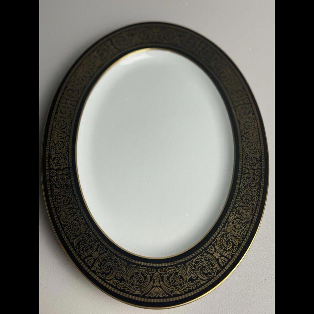 Vintage Mikasa Mount Holyoke 15" Oval Serving Platter Gold and Black Plate #114